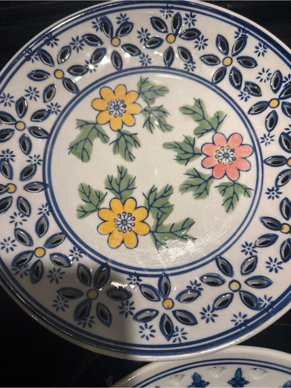 Set of 4 Decorative Floral Ceramic Plates - Blue, Yellow, Green